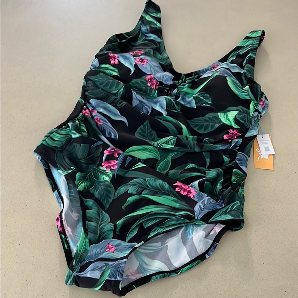 Kona Sol Black and Green One Piece Swimsuit Tropical Vibe
